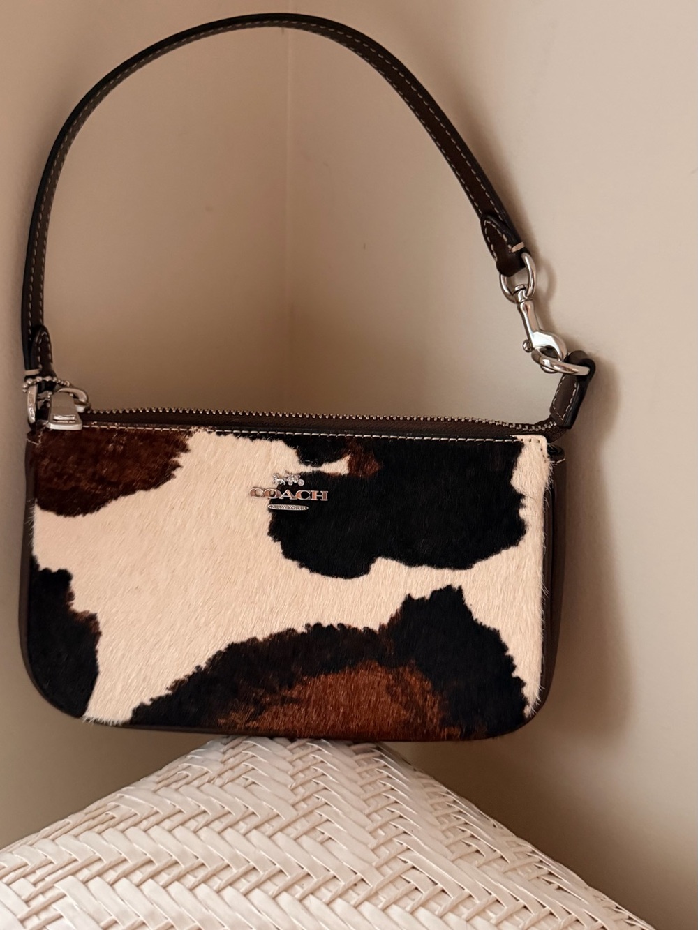 Coach Mini Cowhide Patch Wristlet in Brown, Black & Cream